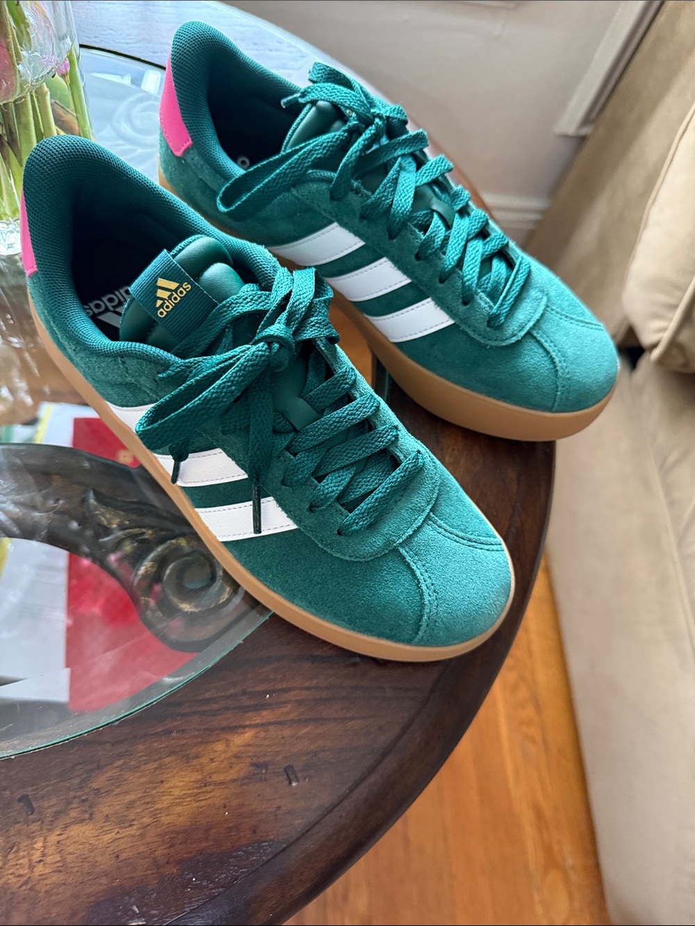 adidas Green Suede Sneakers with Pink Heel Patch - Picture 2 of 4